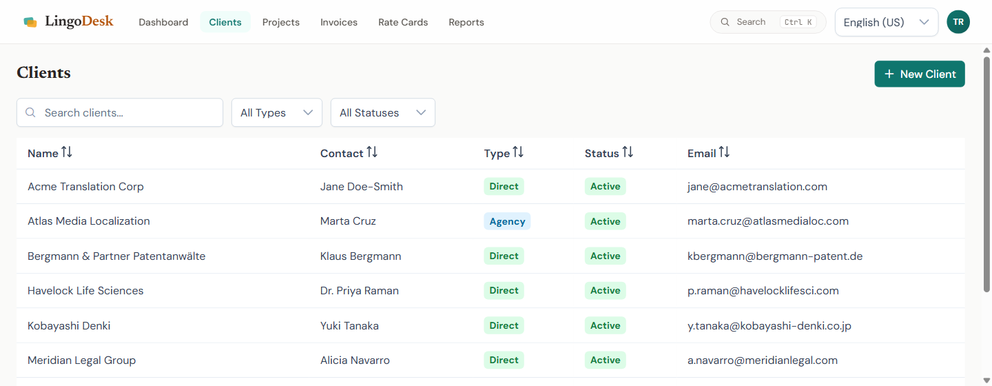 The client list, showing each client with their contact, country, billing currency and payment terms.