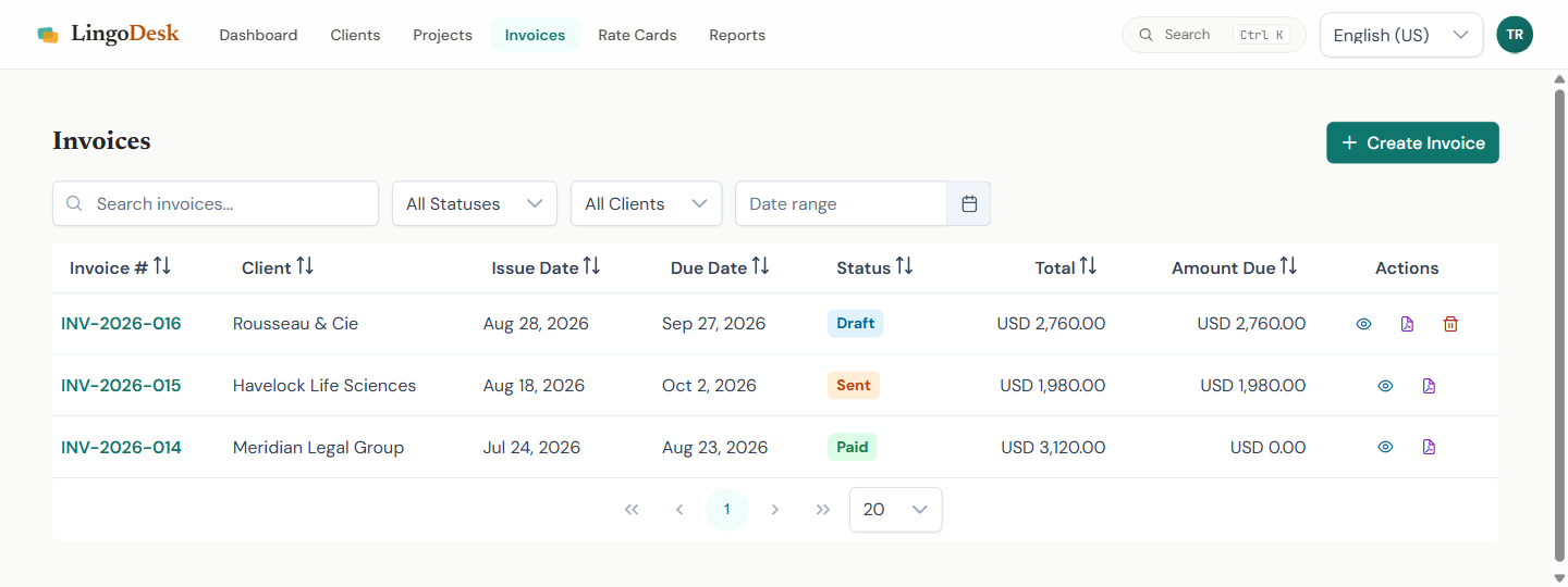 The invoice list, showing issue date, due date, status, total and amount still due for each invoice.